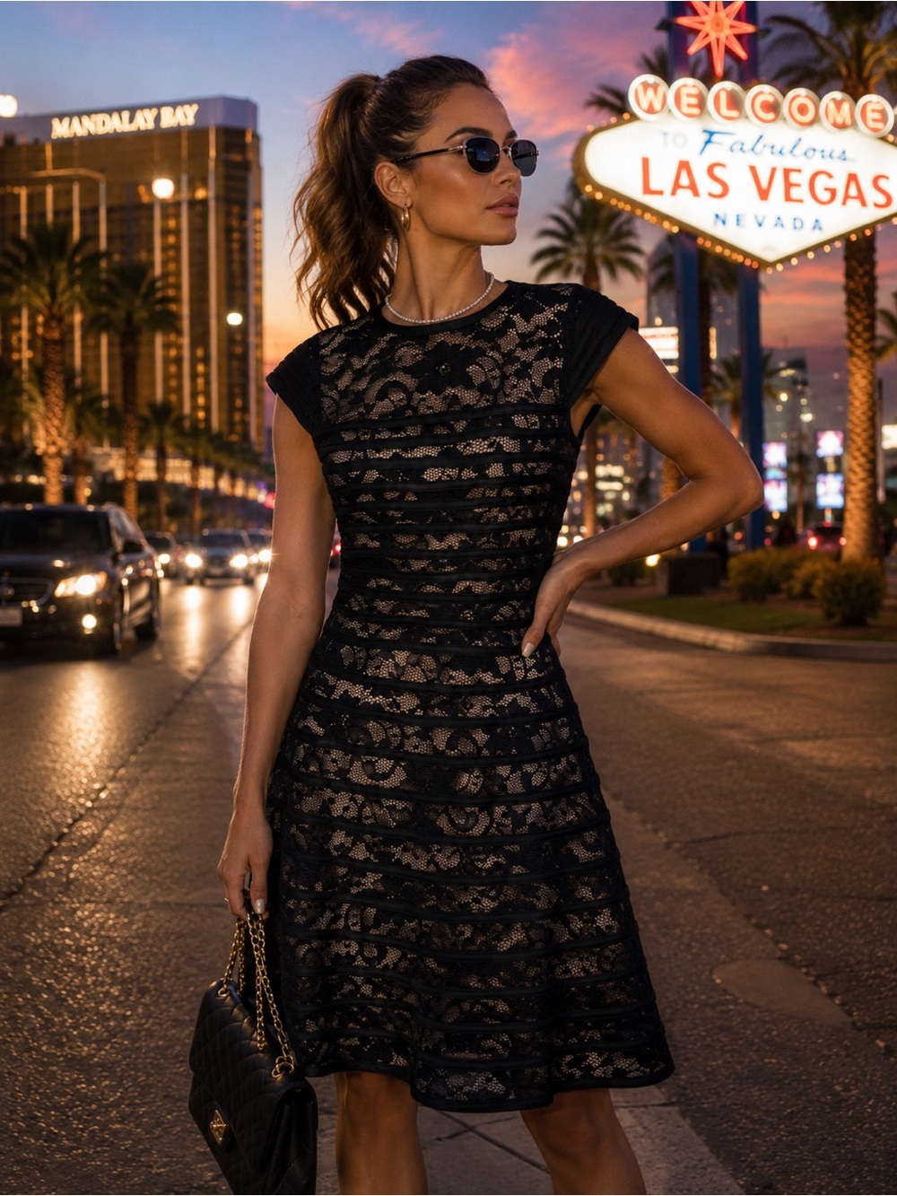BETSY & ADAM Black Nude Illusion Elegant Fit and Flare Cocktail Dress, 6